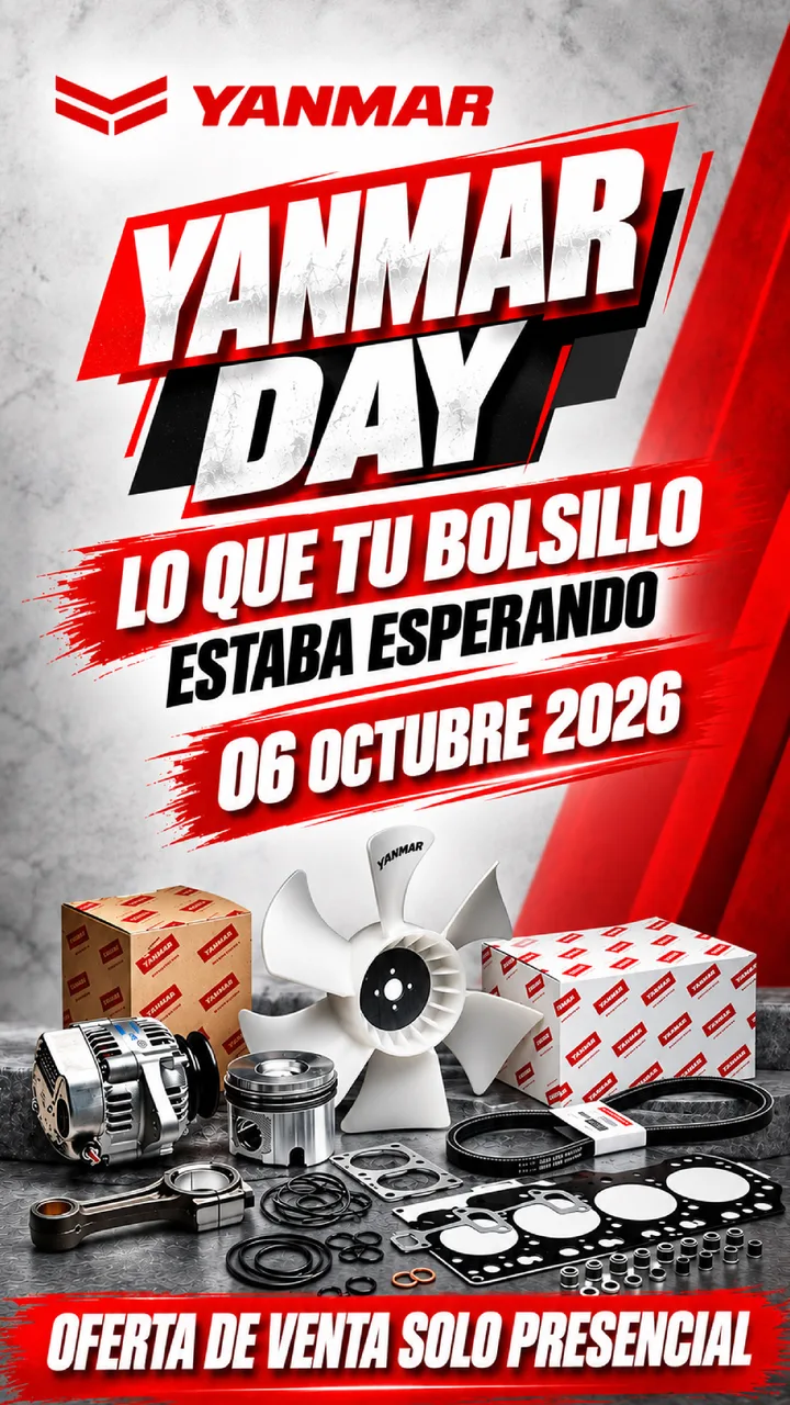 Afiche Yanmar Day, 6 de octubre de 2026: oferta de venta solo presencial en repuestos y maquinaria Yanmar
