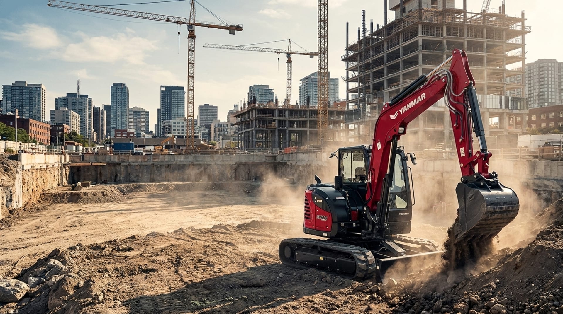 Excavadora Yanmar SV100 en una gran obra urbana