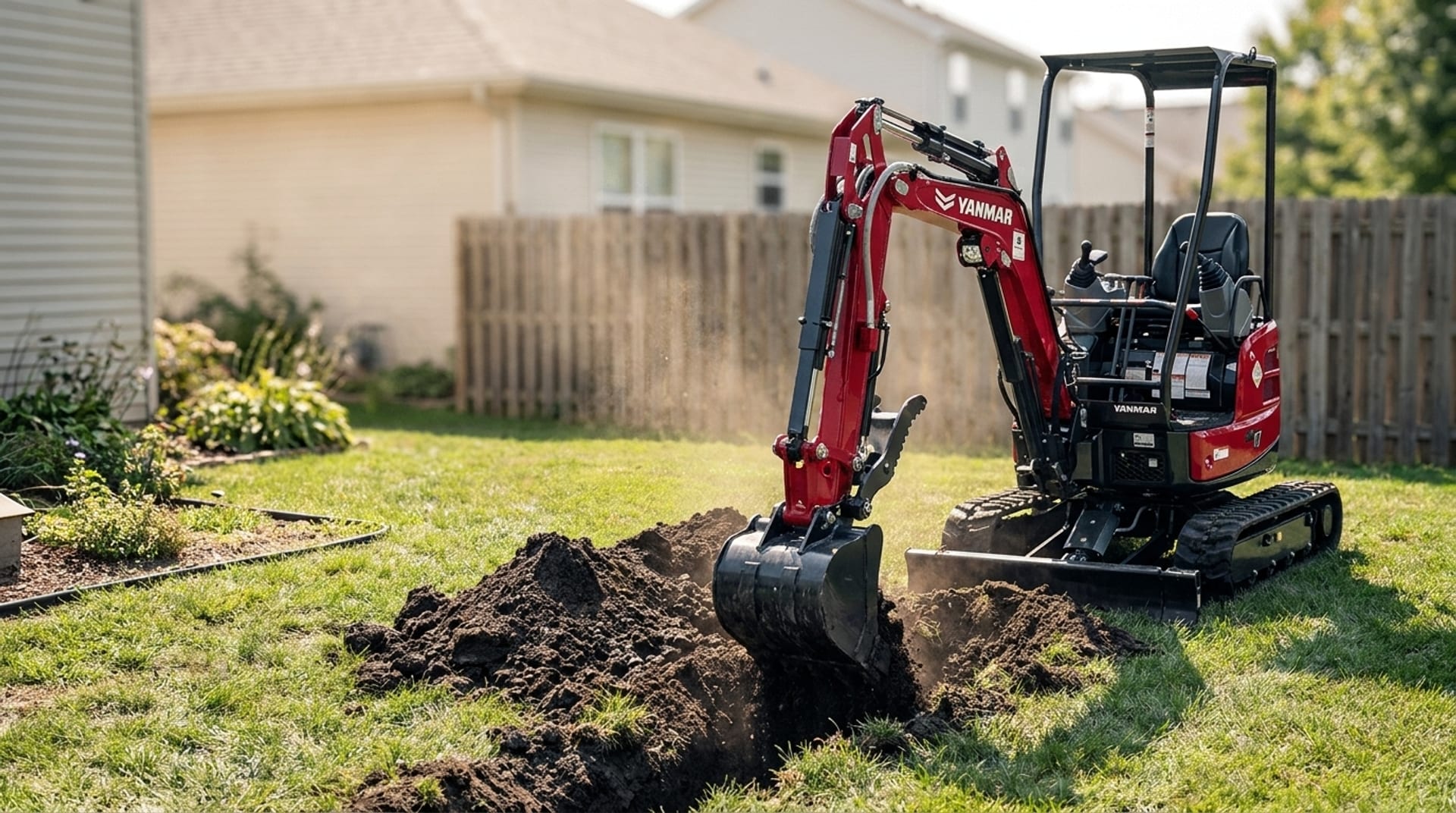 Miniexcavadora Yanmar ViO17 excavando en un jardín residencial