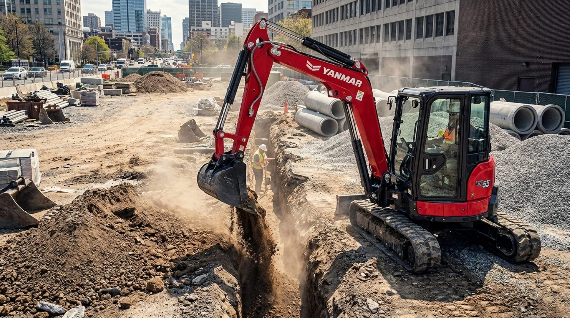 Miniexcavadora Yanmar ViO55 excavando una zanja de servicios